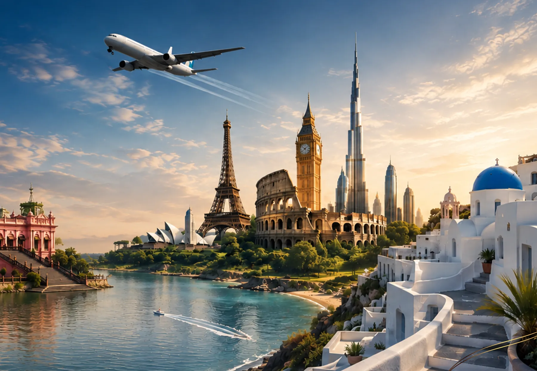 A plane over world landmarks at sunset, from the SkyZio cover artwork
